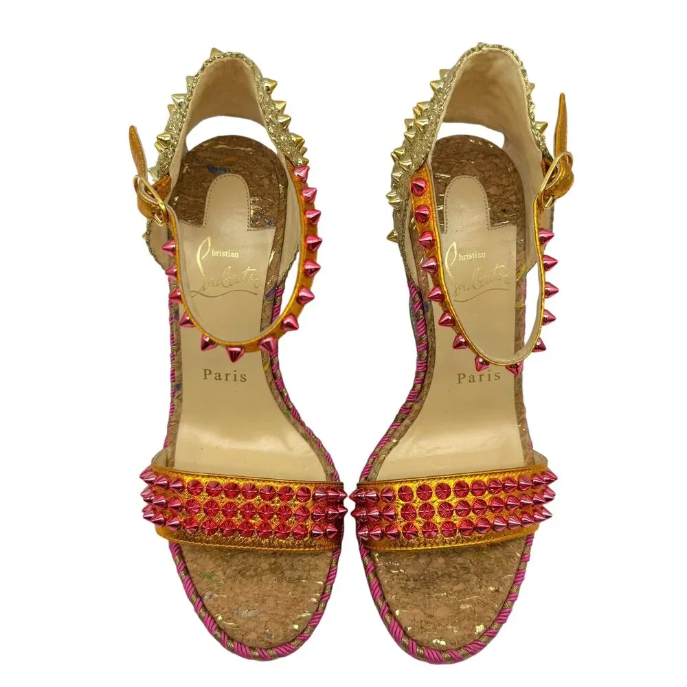 Christian Louboutin Metallic Pink & Gold Spike Embellished Cork Wedge Sandals